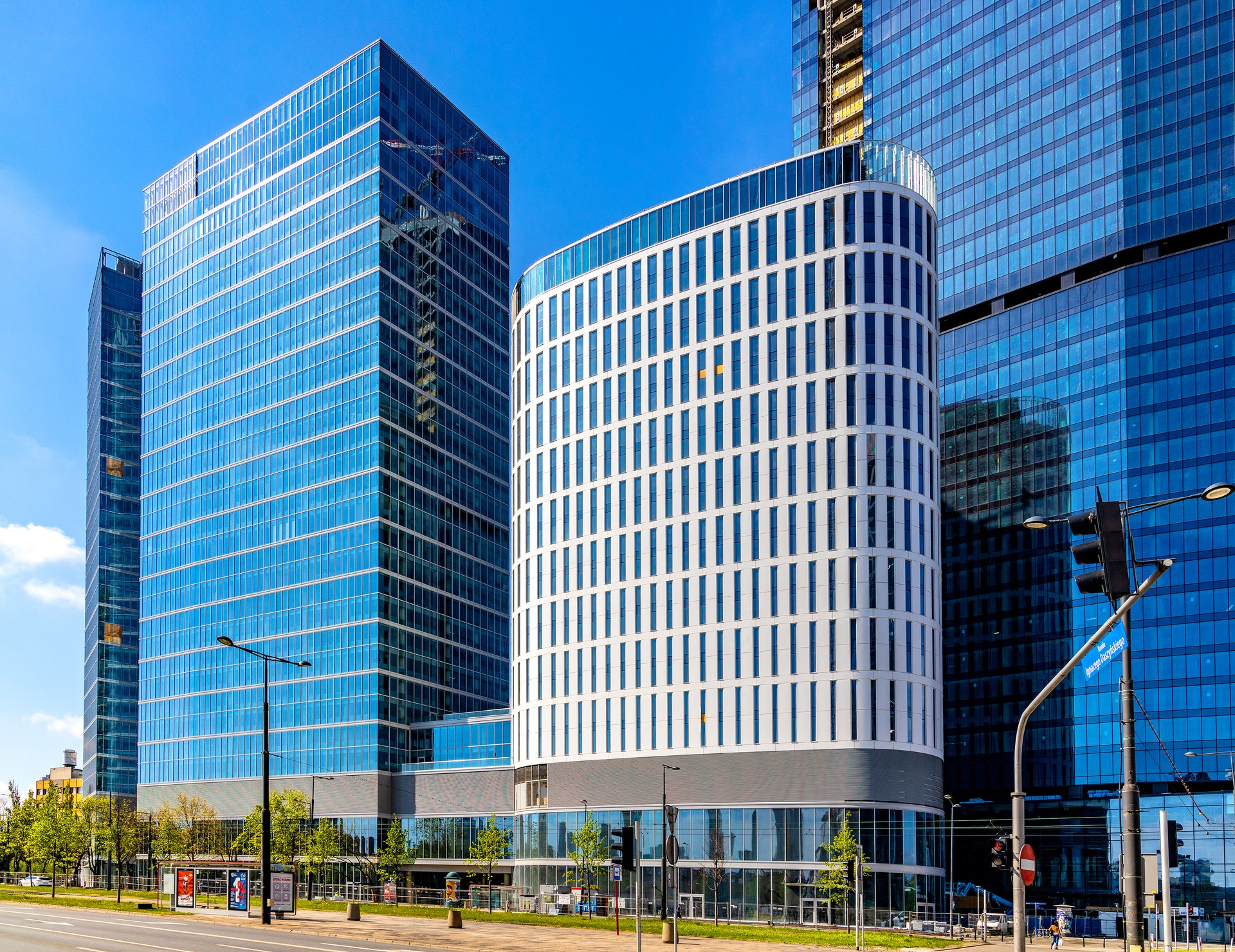 Warsaw Hub office complex at Rondo Daszynskiego roundabout in Warsaw, Poland